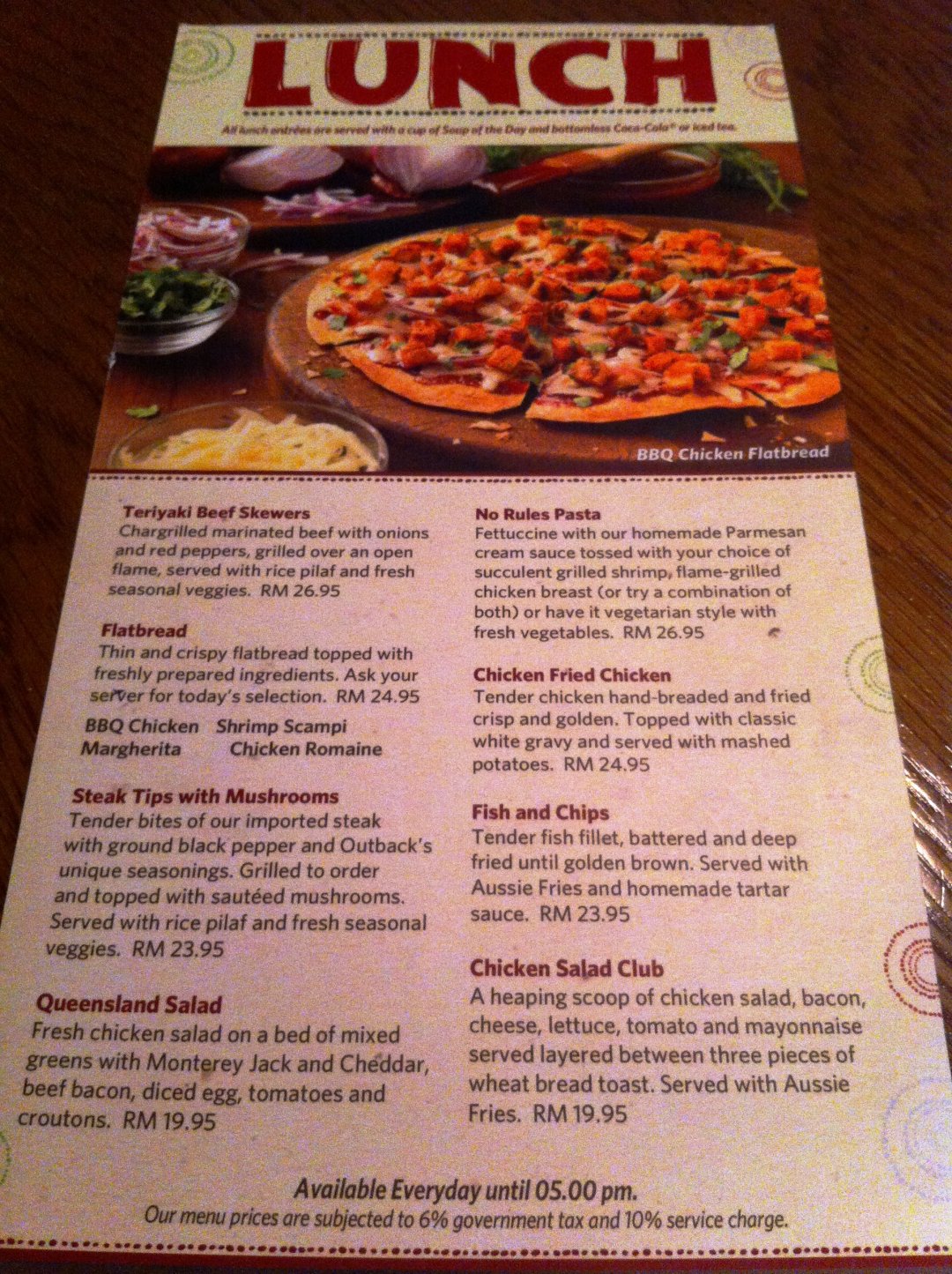 Outback Printable Lunch Menu